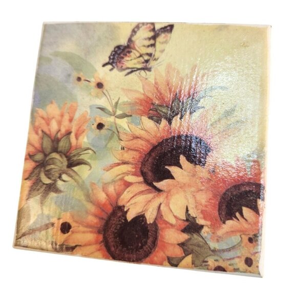 Sunflower & Butterfly Decorative Ceramic Coasters With Cork Backing 4.25 x 4.25 - Picture 7 of 8